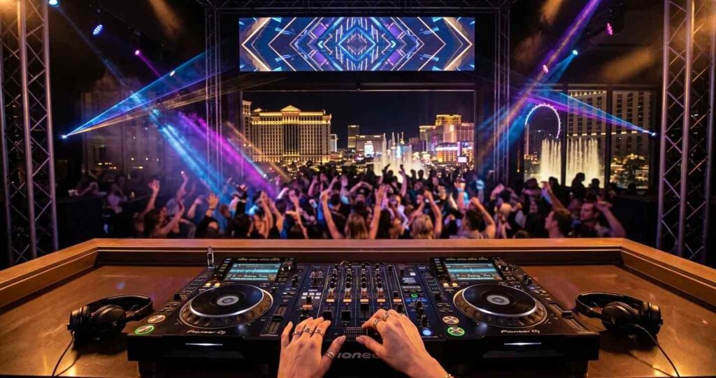 Las Vegas DJ companies team performing with professional sound and MC equipment