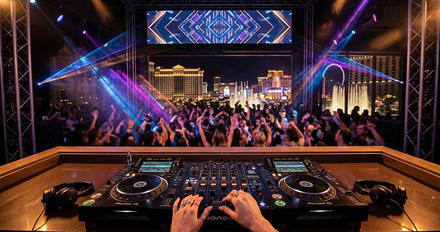 Las Vegas DJ companies team performing with professional sound and MC equipment