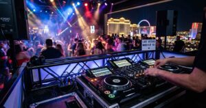 Mobile DJ Las Vegas provider setting up sound system and lighting at a live event
