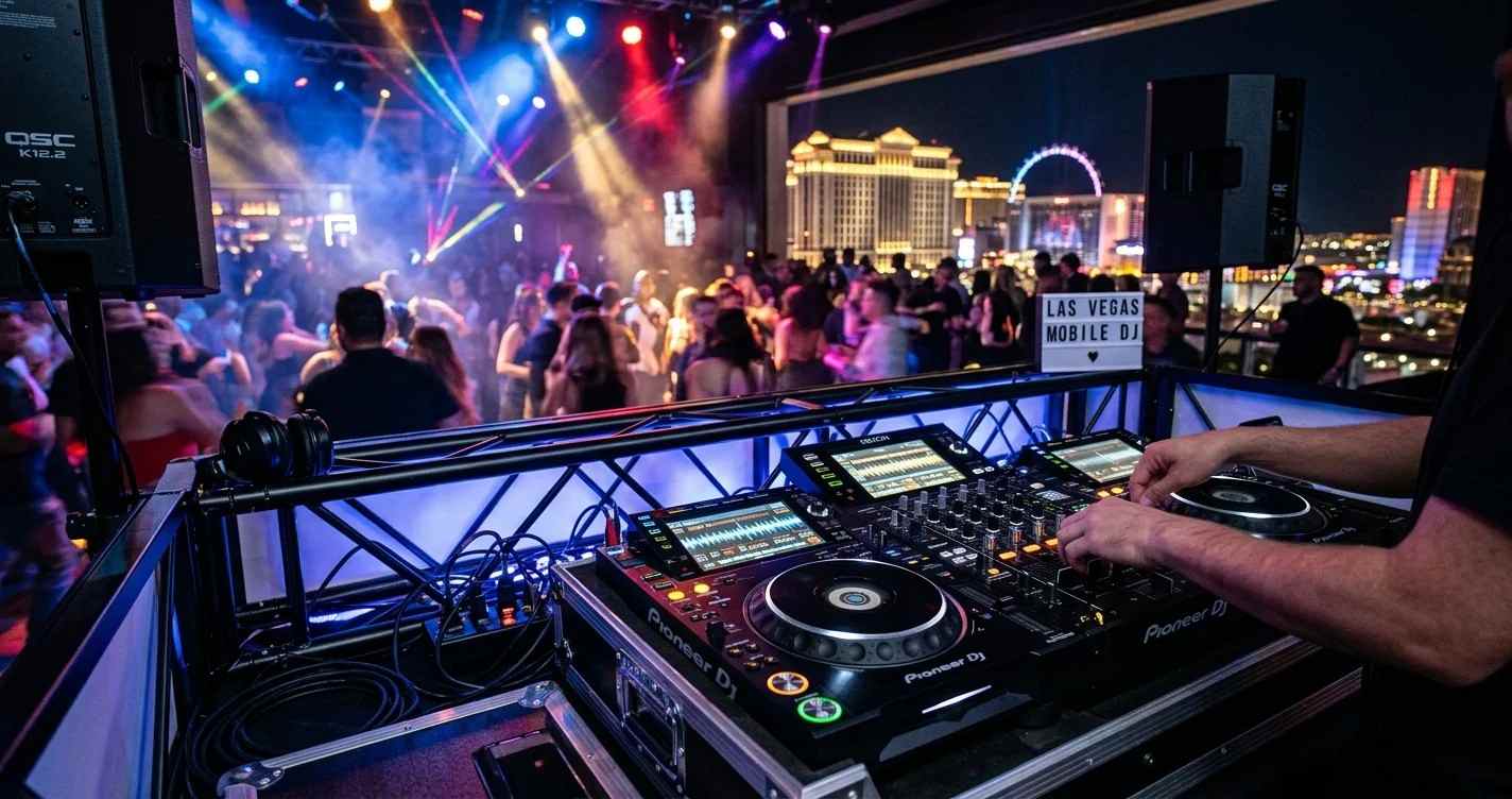 Mobile DJ Las Vegas provider setting up sound system and lighting at a live event